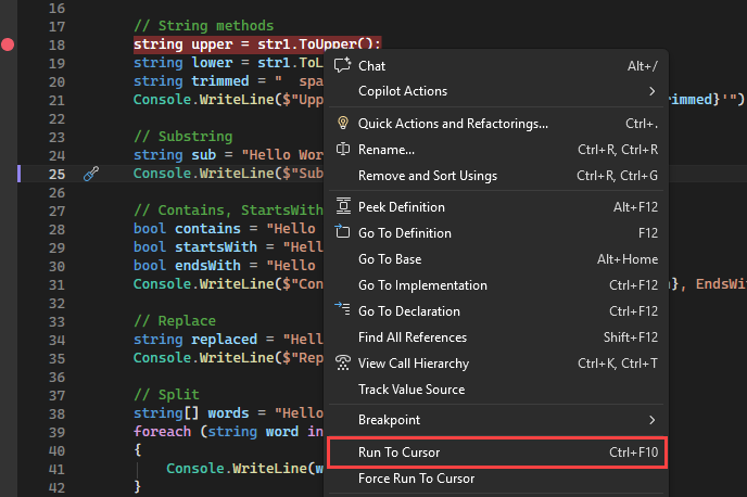 Run to Cursor Screenshot that shows the Run To Cursor option.