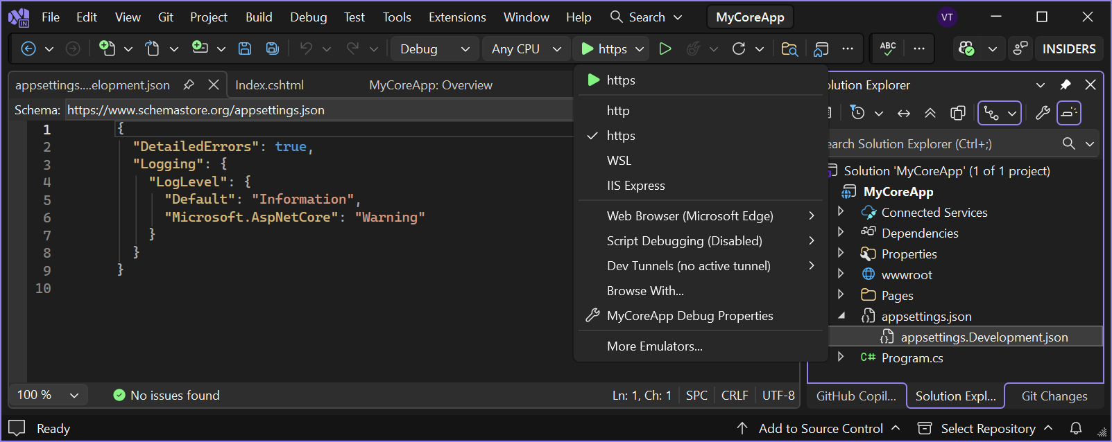 Screenshot shows the https button highlighted in the toolbar in Visual Studio.