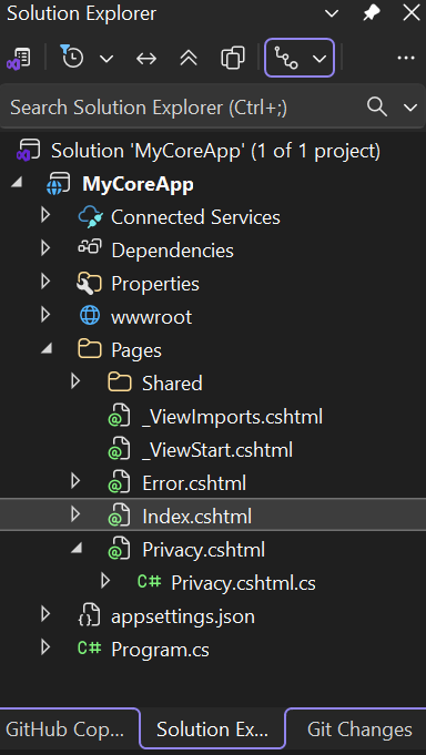 Screenshot shows Index.cshtml selected under the Pages node in the Solution Explorer.