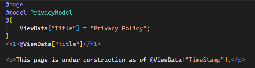 Screenshot shows the Privacy.cshtml file open in the Visual Studio Code editor with the updated text.