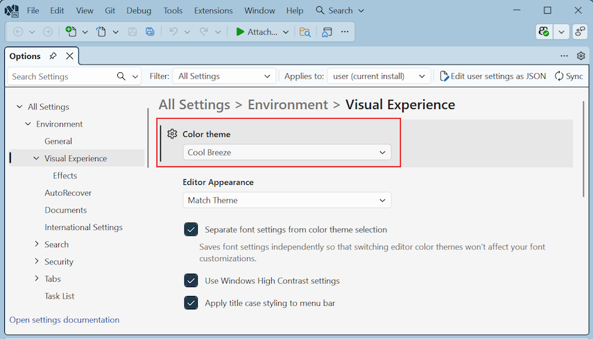 Screenshot that shows changing the color theme to Cool Breeze in Visual Studio.
