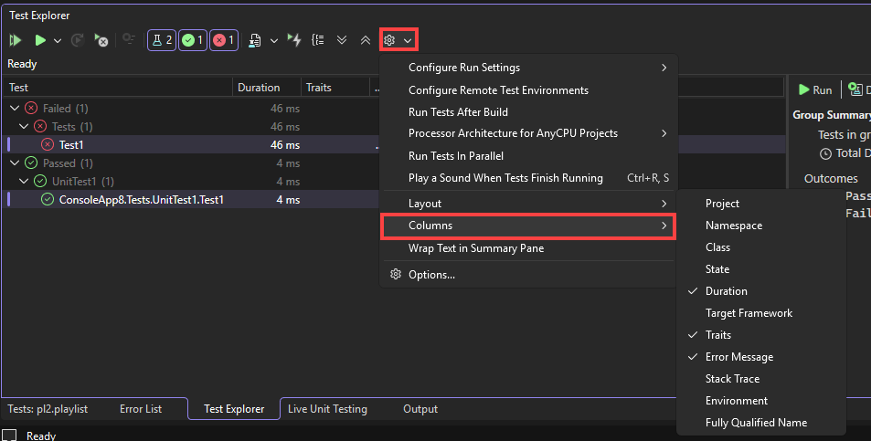 Screenshot of Visual Studio Test Explorer that shows a menu with Columns selected and a submenu with Duration, Traits, and Error Message selected.