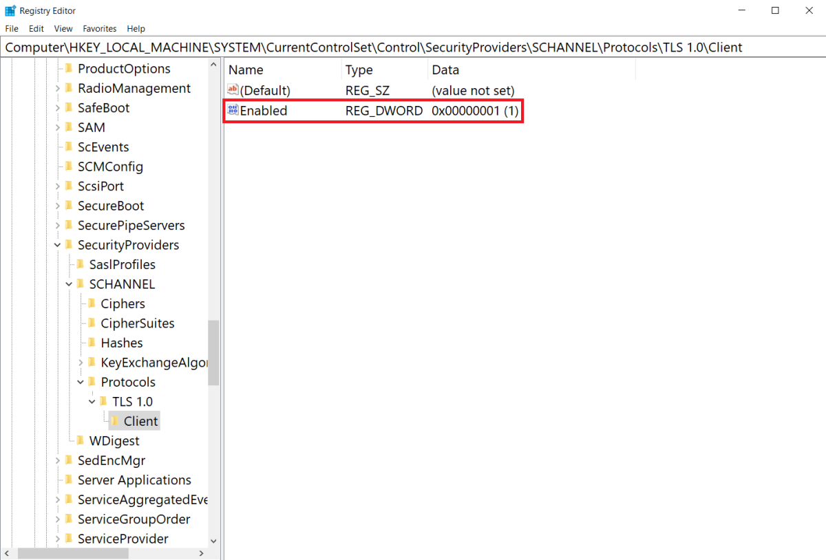 Screenshot of Set TLS 1.0 client-side to be enabled in Windows Server registry setting.