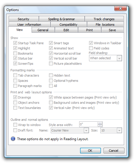 screen shot of window with view tab options dimmed
