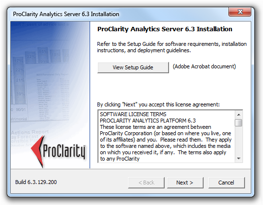 screen shot of proclarity setup first page