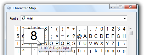 screen shot of character map with enlarged number