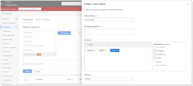 Shows performance metrics for your custom column with optional add, subtract, multiply, and divide operations.