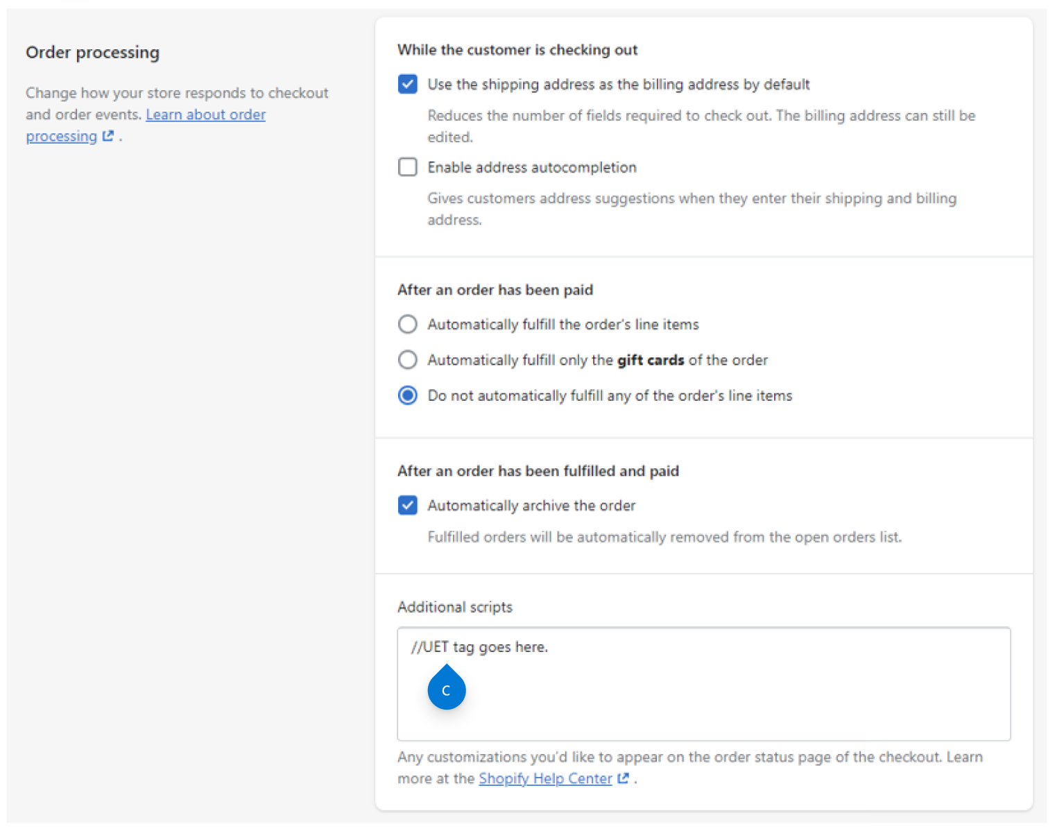 Paste the tracking tag in Additional scripts.