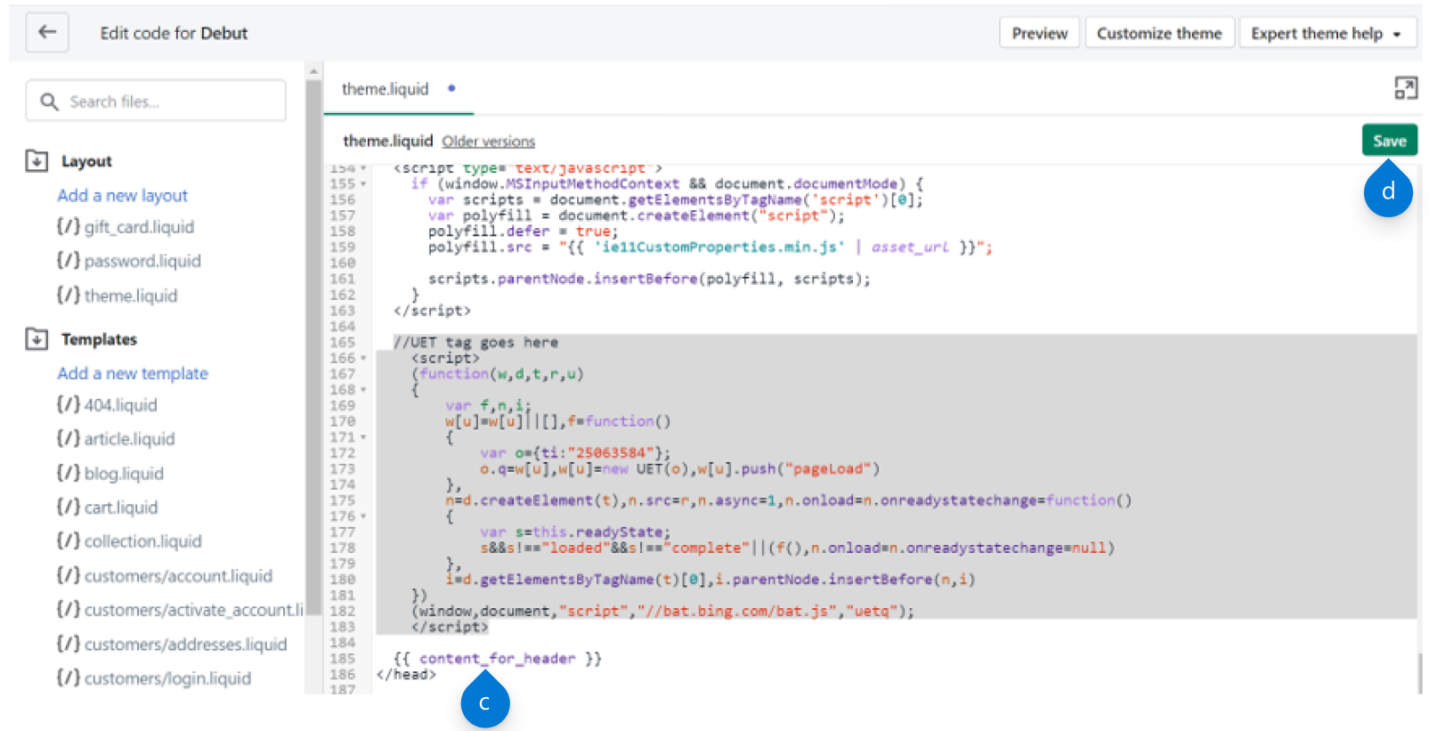 Paste tracking tag above content for header.