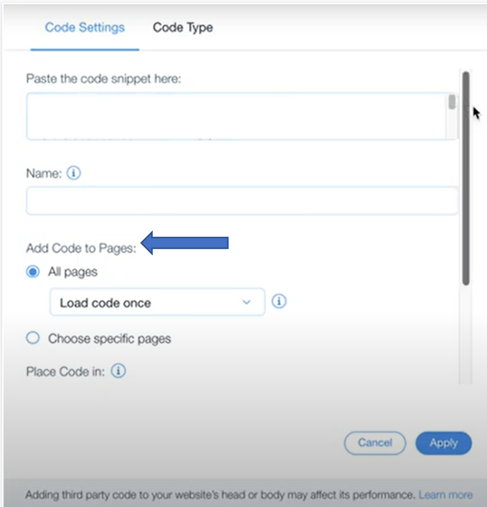 Add code to pages in Wix.