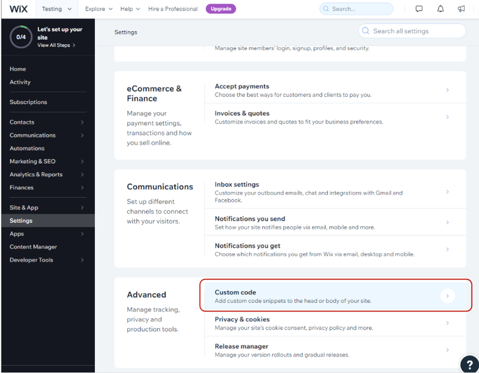 Go to the Custom Code section in Wix.