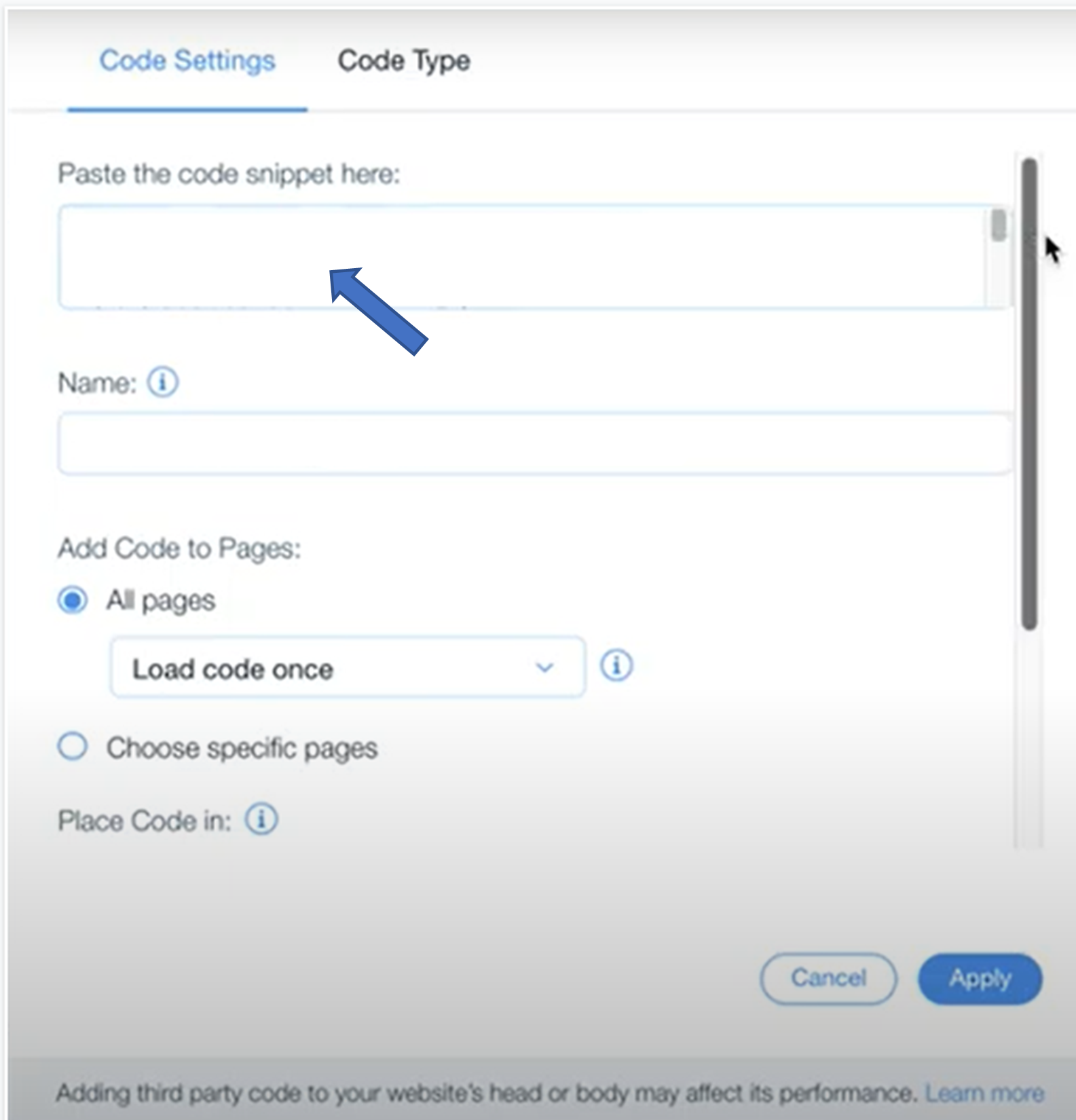 Paste your code snippet in Wix.
