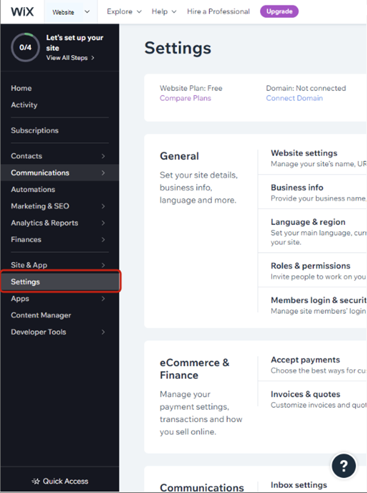 Go to the settings page in Wix.