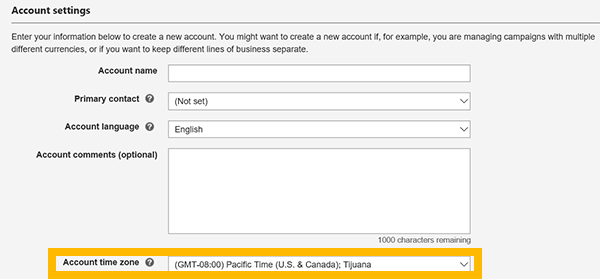 Account settings with time zone highlighted.