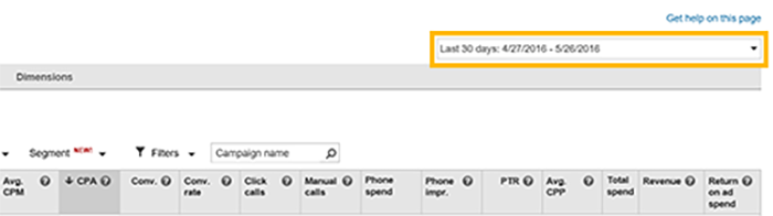 Campaigns page with date range highlighted.
