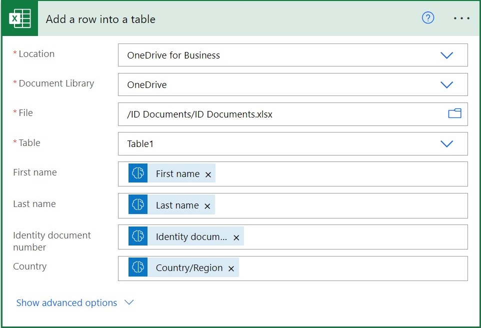 Screenshot of a populated Add a row into a table connector in a manually triggered extract information step in a flow.