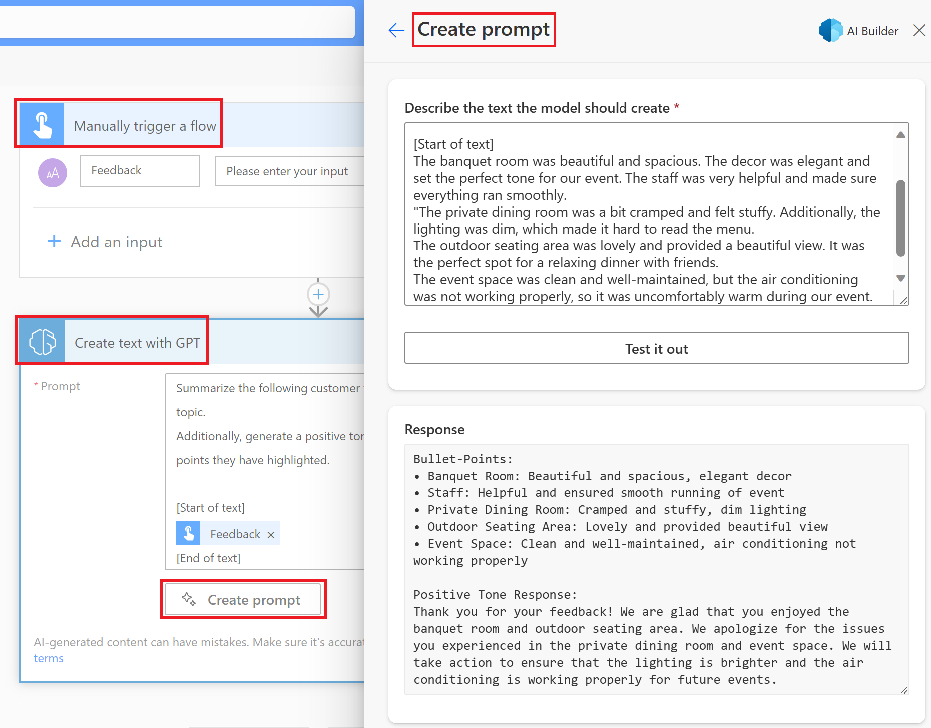 Screenshot of the Create prompt page in Power Automate.
