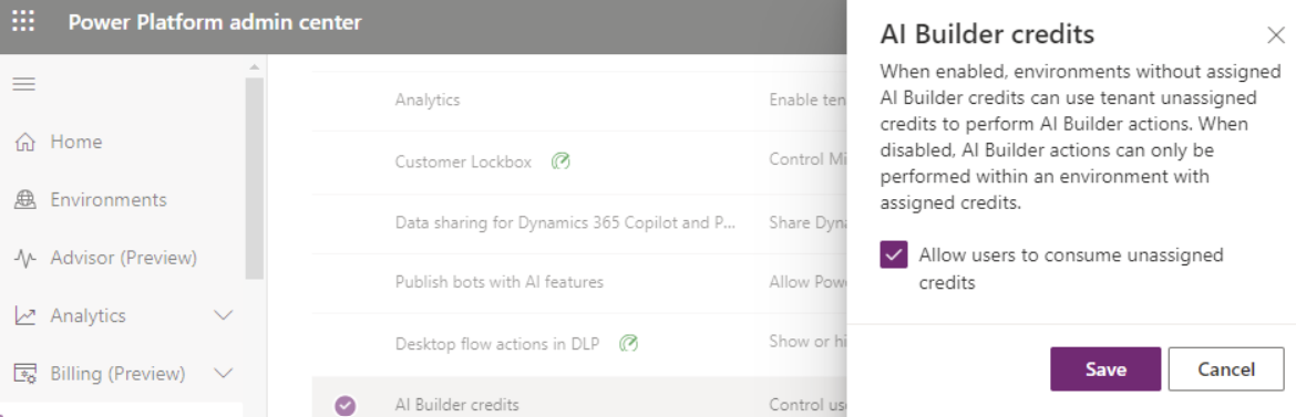 Screenshot of the option to allow users to consume unassigned credits in Power Platform admin center.