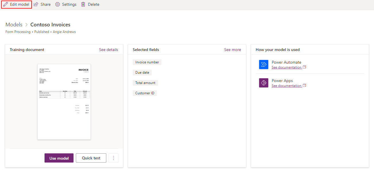 Screenshot of the details page with the option to edit a document processing model.