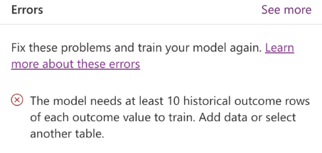 Screenshot of error message for insufficient historical outcome.