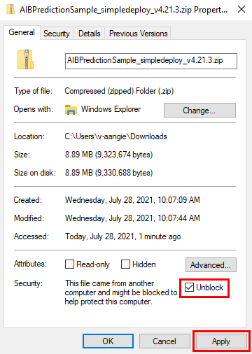 Screenshot of the .zip file Properties.