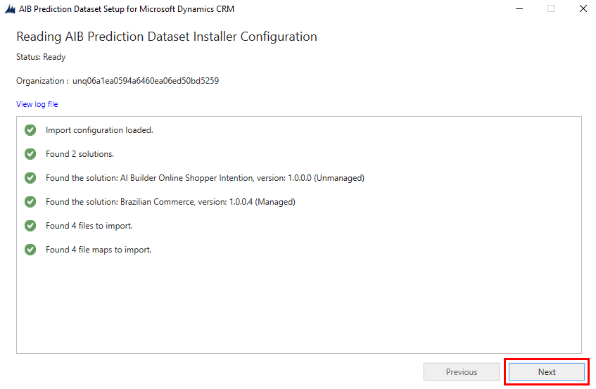 Screenshot of the summary of the AI Builder prediction dataset installer configuration.