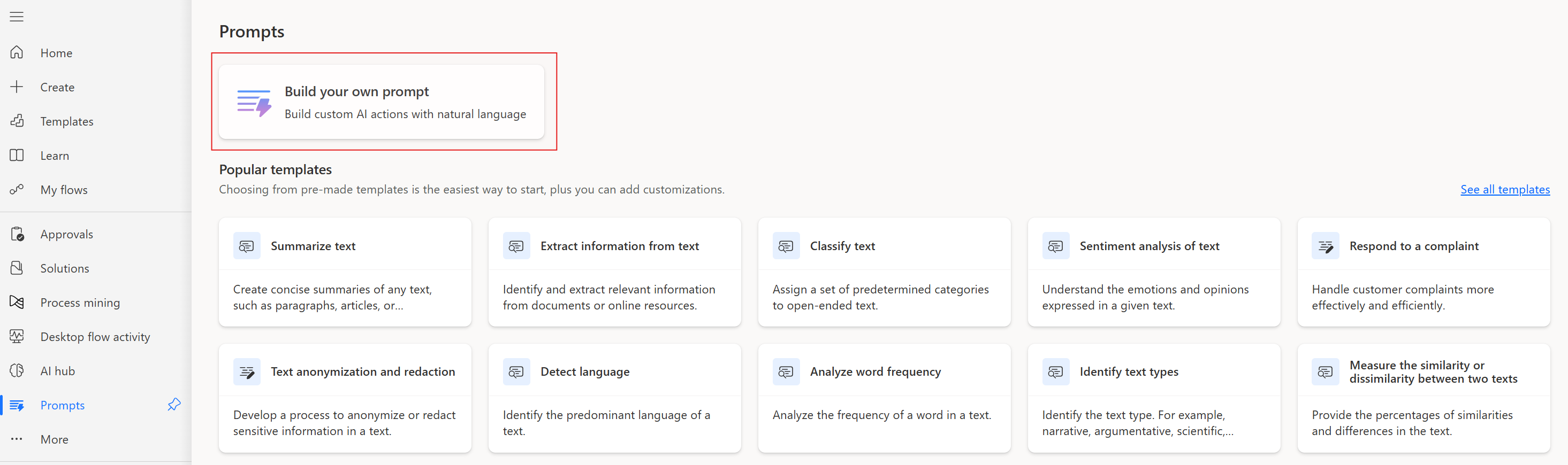 Screenshot of the build your own prompt option in the prompt library.