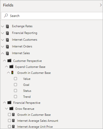 Measures and KPIs in the Power BI Fields list