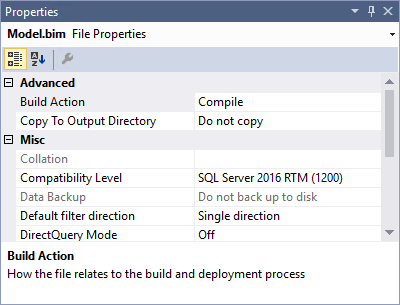 Screenshot of the Properties window where you can see DirectQuery Mode set to Off.