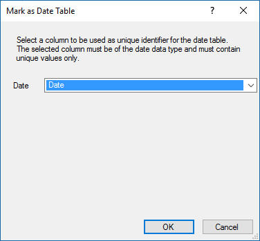 Screenshot of the MArk as Date Table dialog box with the Date option highlighted.