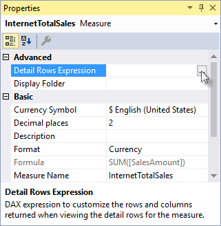Screenshot of the Properties window with Details Rows Expression highlighted.