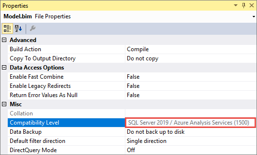 Screenshot of the Properties window with the Compatibility Level option highlighted and its SQL Server 2019 / Azure Analysis Services (1500) setting called out.