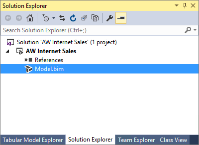 Screenshot of the Solution Explorer section with the Model.bim file highlighted.