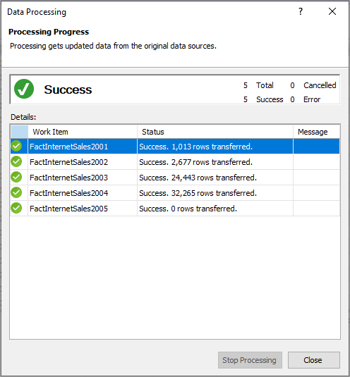 Screenshot of the Data Processing dialog box showing Success.