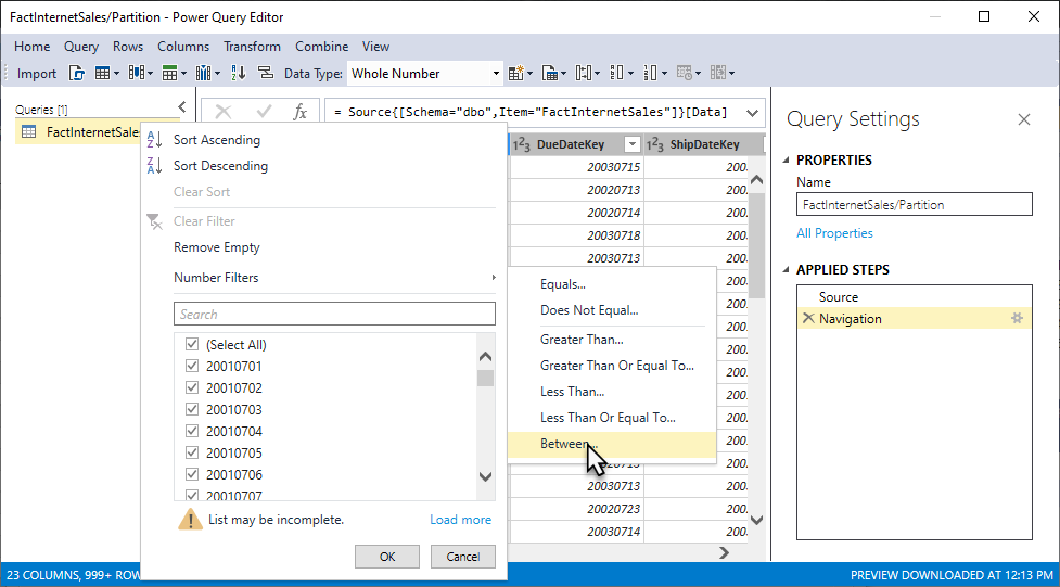 Screenshot of the Power Query Editor showing Number Filters > Between selected.
