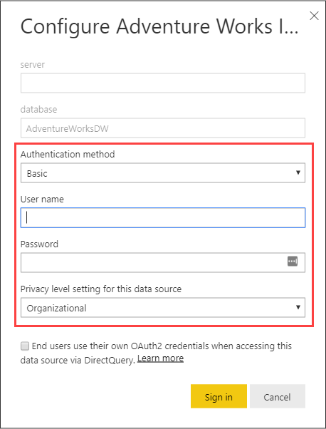 Screenshot of the Configure Adventure Works Edit sign in dialog box with the Authentication Method, User name, Password, and Privacy level setting fot this data source fields called out.
