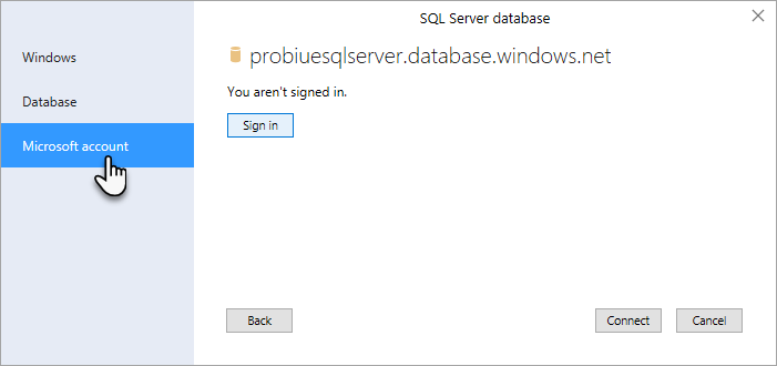 Screenshot of the SQL Server database dialog box with the Microsoft account option highlighted and selected.