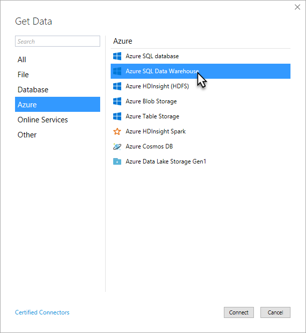 Screenshot of the Get Data dialog box with the Azure and Azure SQL Data Warehouse options highligted and selected.