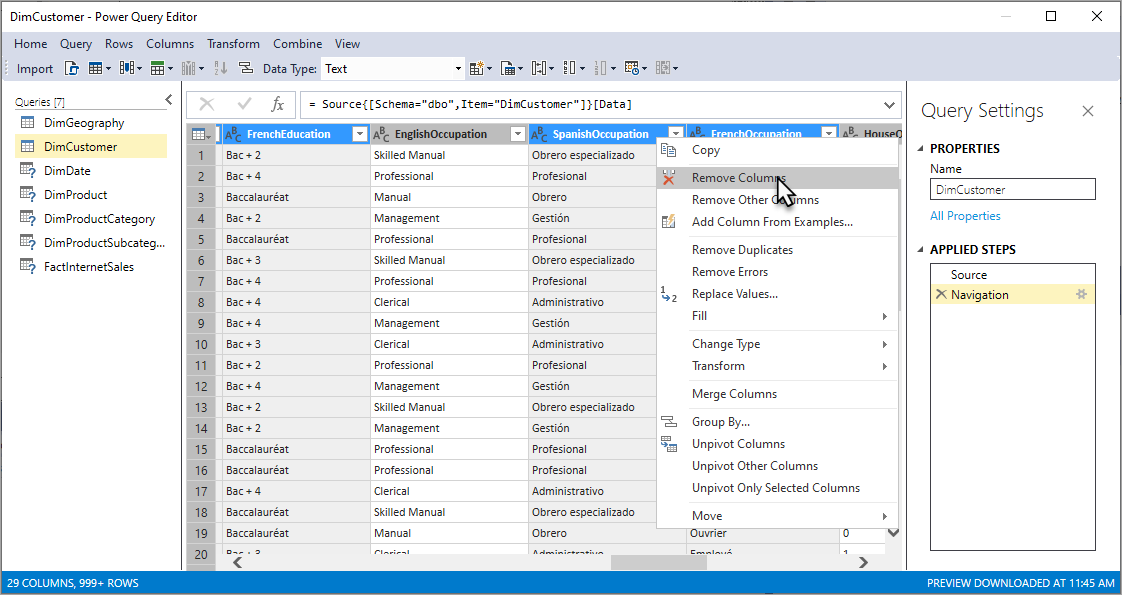 Screenshot of the Power Query Editor with the SpanishEducation, FrenchEducation, SpanishOccupation, FrenchOccupation columns selected and the Remove Columns option highlighted.