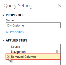 Screenshot of the Query Settings dialog box with the Removed Columns option highlighted and called out.