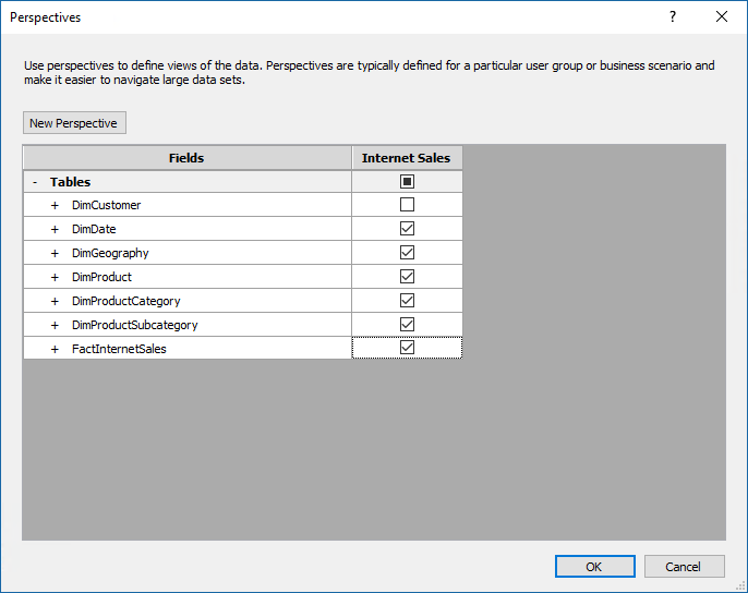 Screenshot of the Perspectives dialog box showing that DimCustomer is not selected.