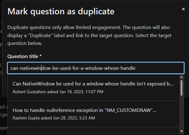 Screenshot of the duplicate question modal using the question title from the URL.