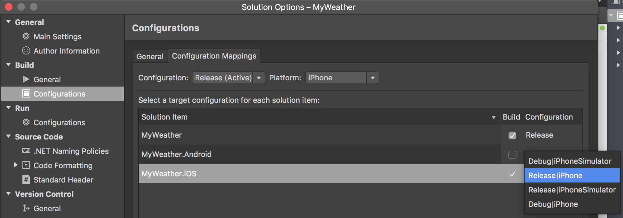 Visual Studio for Mac Solution Configurations Mappings