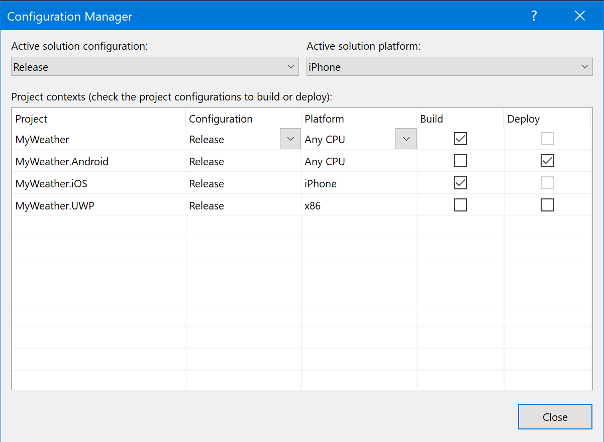 Visual Studio for Windows Configuration Manager General View