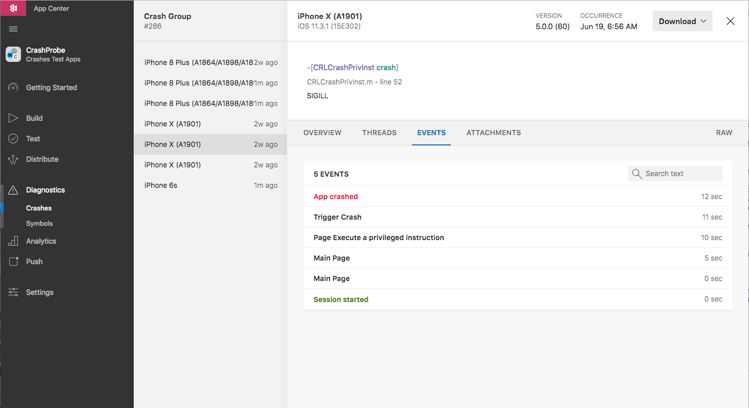 App Center allows you to track events leading up to your crash