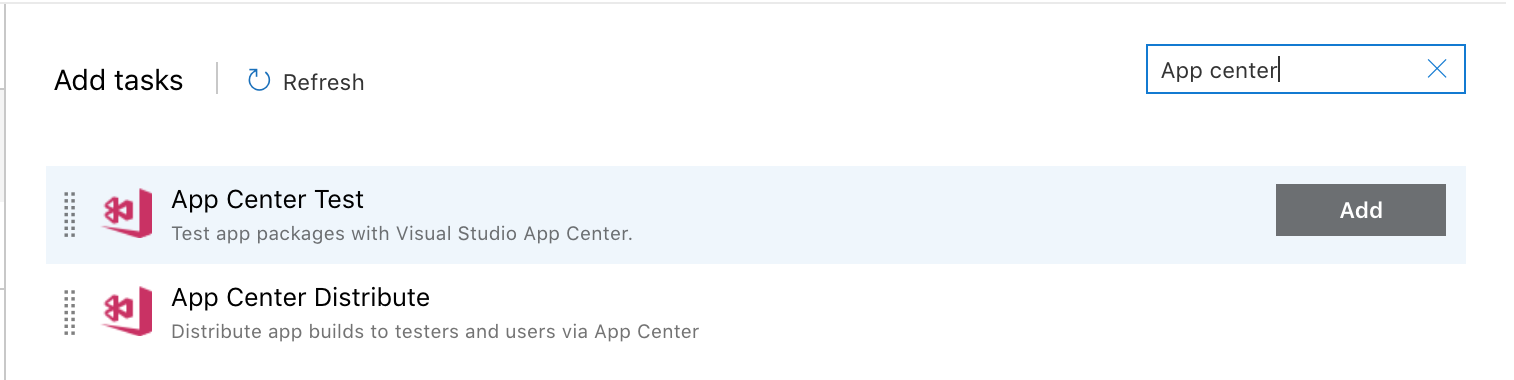 Azure Pipelines search screen for App Center Test