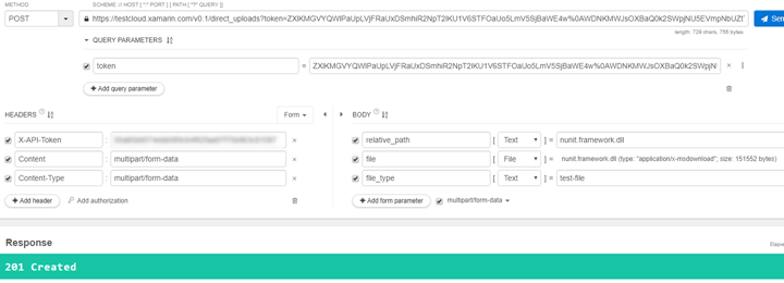 Screenshot of API creating test run