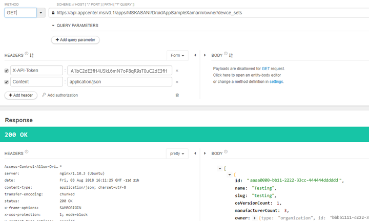 Screenshot of API call for listing device sets