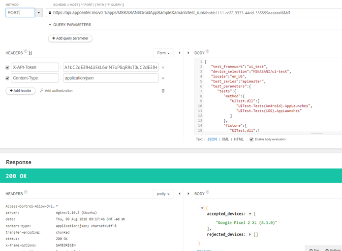Screenshot of API call to list devices