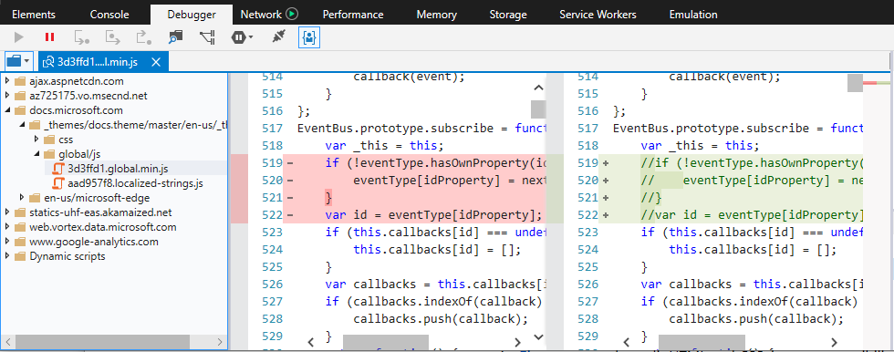 Diff view of edited code in the Debugger